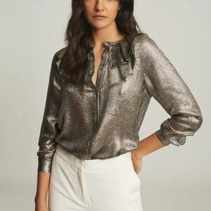 REISS Emmie Metallic Ruffle Blouse Size US 2